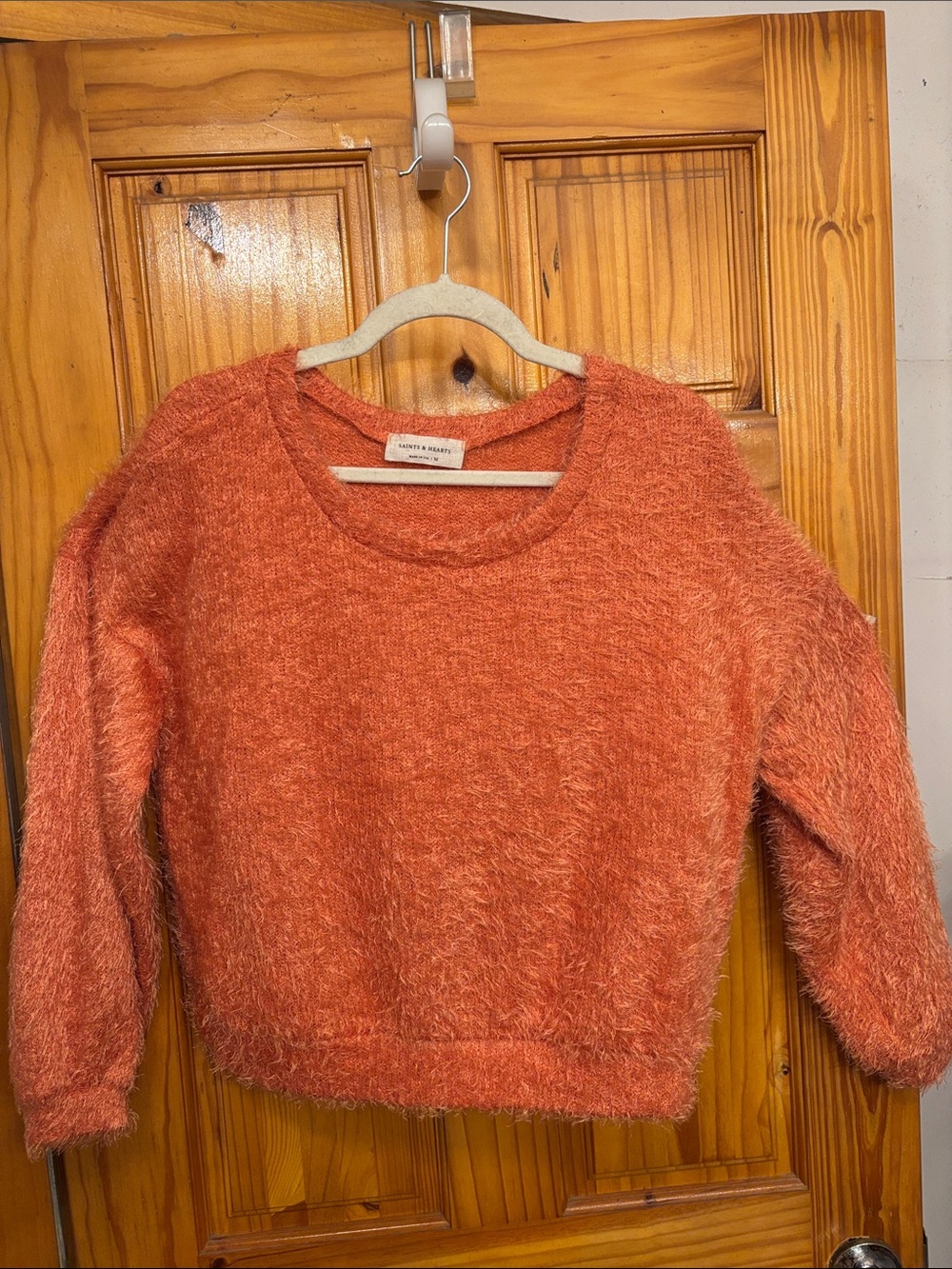 Saints &Hearts Fuzzy Crewneck Sweater in Rust Orange